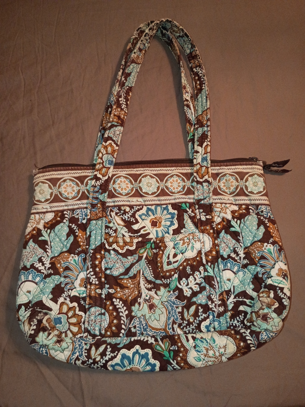 Vera Bradley Brown & Aqua Quilted Shoulder Tote